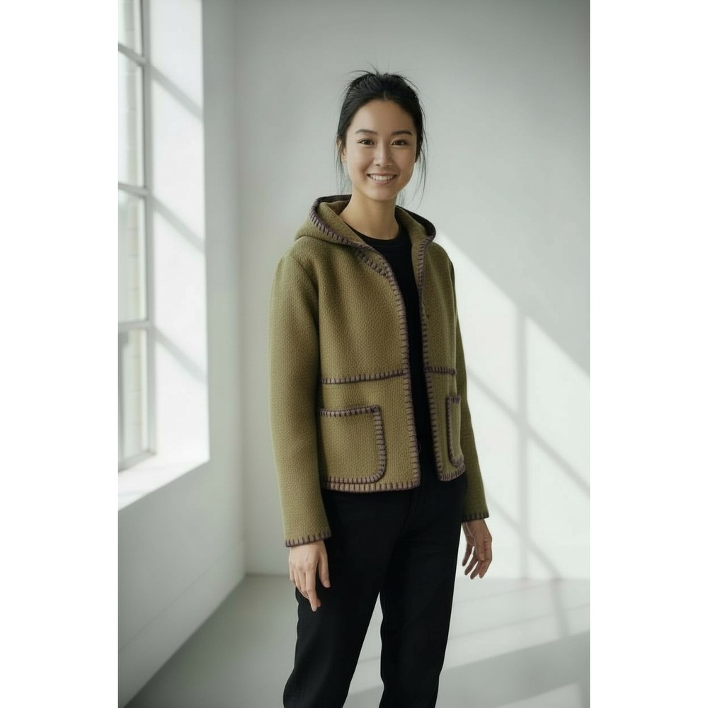 Handmade Hooded Cropped Jacket from Army Green‎ Blanket Button Front Pockets | L - Picture 4 of 16